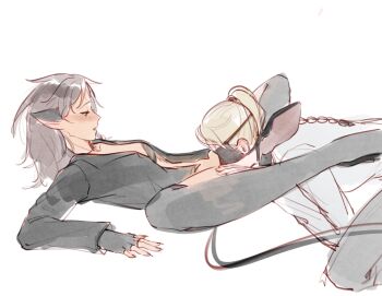 2girls adora_(she-ra) animal_ears black-shirt black_bra black_thighhighs blindfold blue_eyes blush bra brown_hair cat_ears catra commentary cunnilingus freckles highres leg_lock long_hair multiple_girls open_clothes open_mouth open_shirt oral ponytail she-ra_and_the_princesses_of_power shirt simple_background spread_legs thighhighs underwear white_background white_shirt youliqy yuri