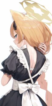 1girl absurdres animal_ear_fluff animal_ears apron back_bow black_dress blue_archive blue_eyes blush bow cat_ears cat_girl commentary dress extra_ears from_behind hair_over_shoulder halo highres long_braid long_hair maid maid_apron maid_headdress mari_(blue_archive) open_clothes open_dress open_mouth orange_hair puffy_short_sleeves puffy_sleeves short_sleeves solo tem_(tempainting1) yellow_halo