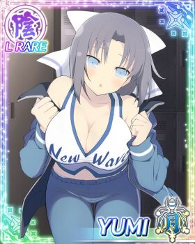 1girl :o blue_coat blue_eyes blue_pants border bow breasts card_(medium) character_name cleavage coat game_cg grey_hair hair_bow large_breasts leaning_forward light_blush locker locker_room medium_hair navel official_art open_clothes open_coat panties pants panty_peek senran_kagura senran_kagura_new_wave solo striped_bow tank_top thigh_gap third-party_source underwear undressing white_bow white_tank_top yumi_(senran_kagura)
