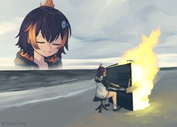 1girl :3 animal_hood beach black_hair closed_eyes fire fish_hair_ornament hair_ornament hairclip hood hood_down hoodie inset instrument music nijisanji nijisanji_en orange_hair outdoors penguin_hood penguin_tail petra_gurin petra_gurin_(1st_costume) piano playing_instrument playing_piano projected_inset short_hair sitting smile solo tail twitter_username upright_piano virtual_youtuber yoako