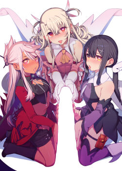 1boy 3girls armor ascot bare_shoulders black_hair black_panties blank_censor blush boots breastplate breasts bridal_gauntlets brown_eyes cape censored chloe_von_einzbern chloe_von_einzbern_(archer_install) dark-skinned_female dark_skin detached_sleeves dress elbow_gloves fate/kaleid_liner_prisma_illya fate_(series) feather_hair_ornament feathers gloves hair_between_eyes hair_bun hair_ornament hairclip hairpin half_updo highres hypnosis illyasviel_von_einzbern kneeling large_penis layered_gloves leotard loli long_hair long_sleeves looking_at_viewer mind_control miyu_edelfelt miyu_edelfelt_(magical_girl) multiple_girls navel negative_space open_mouth orange_eyes panties penis pink_boots pink_dress pink_gloves pink_hair pov prisma_illya purple_leotard purple_sleeves red_cape red_eyes santa_(sunflower) shrug_(clothing) sidelocks skirt small_breasts stomach_tattoo tattoo thigh_boots thighhighs thighhighs_under_boots thighs tongue tongue_out twintails two_side_up underwear waist_cape white_cape white_footwear white_gloves white_hair white_skirt