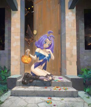 1girl acerola_(pokemon) aged_up antenna_hair areola_slip bare_shoulders black_footwear black_thighhighs blue_eyes blush boots bottomless breasts candy door dress evil_smile food hands_up highres kneeling looking_at_another looking_down medium_hair microdress navel nintendo off-shoulder_dress off_shoulder open_door outdoors over-kneehighs parted_lips pokemon pokemon_sm purple_hair reaching reaching_towards_another small_breasts smile solo_focus stairs stomach stone_stairs thighhighs torn_clothes torn_thighhighs trial_captain undersized_clothes yugen99