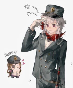 2girls absurdres aima_(reverse:1999) black_hat black_jacket braid braided_hair_rings brown_hair closed_eyes covered_mouth covering_own_mouth cowboy_shot eyepatch fang flute gloves grey_hair hair_rings hand_up hat heart highres instrument jacket ju_(zd1265) medium_hair multiple_girls neckerchief one_eye_covered peaked_cap quad_braids red_eyes red_neckerchief reverse:1999 rubuska skin_fang smile star_(symbol) white_background white_gloves