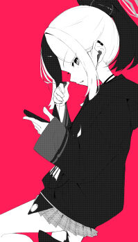 1girl black_choker black_hair blue_archive choker earclip halo highres hood hoodie horns karasuri kayoko_(blue_archive) long_hair long_sleeves multicolored_hair partially_colored pink_background solo two-tone_hair white_hair