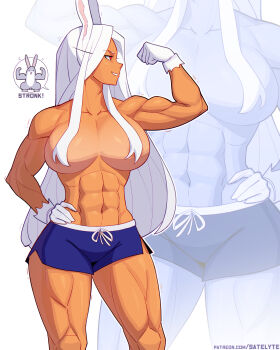 1girl abs absurdres animal_ears arm_up biceps blue_shorts boku_no_hero_academia breasts clenched_hand collarbone commentary dark-skinned_female dark_skin dolphin_shorts english_commentary english_text flexing hair_over_breasts hand_on_own_hip highres large_breasts long_eyelashes long_hair looking_to_the_side mirko muscular muscular_female navel parted_bangs parted_lips patreon_username rabbit rabbit_ears rabbit_girl red_eyes satelyte shorts smile solo speech_bubble stomach thick_thighs thighs topless_female very_long_hair white_hair zoom_layer