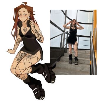 Rule 34 | 1girl, animal ears, arm tattoo, art vs artist, black nails, black shoes, black socks, body freckles, breasts, brown eyes, brown hair, chest tattoo, cleavage, commentary, eyebrow cut, fishnet pantyhose, fishnets, freckles, frown, full body, gluca, headphones, headphones around neck, highres, infusion set, jewelry, leg tattoo, loose socks, mole, mole on breast, mole under eye, mole under mouth, multiple moles, pantyhose, photo inset, real life, ring, self-portrait, shoes, shoulder tattoo, sitting, small breasts, socks, solo, symbol-only commentary, tattoo, yokozuwari