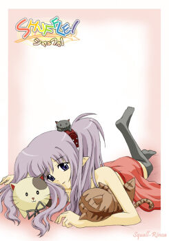 1girl animal animal_on_head bare_shoulders bed_sheet black_socks blanket blue_eyes cat cat_on_head feet kanda_(squall-rinoa) naked_sheet nude on_head parted_lips primula purple_hair revision shuffle! socks solo stuffed_animal stuffed_toy thighhighs twintails