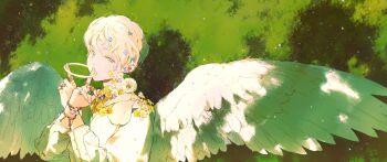 1boy angel blonde_hair bracelet commentary earrings feathers flower grass green_eyes halo highres jewelry lingcod_dayu looking_at_viewer male_focus original ring shirt symbol-only_commentary white_shirt white_wings wings