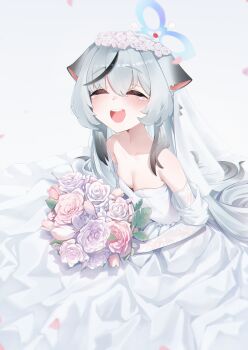 1girl absurdres animal_ears bare_shoulders black_hair blue_archive blue_halo bouquet breasts bridal_veil bride closed_eyes cocokawa_(cjsj8353) collarbone commentary dress elbow_gloves flower gloves grey_hair hair_between_eyes hair_flower hair_ornament halo happy highres holding holding_bouquet kokona_(blue_archive) long_hair multicolored_hair open_mouth petals round_teeth simple_background small_breasts solo streaked_hair tearing_up tears teeth tiger_ears tiger_girl two-tone_hair upper_teeth_only veil wedding_dress white_background white_gloves