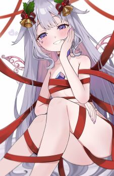 1girl :d absurdres blush castellayaki center-flap_bangs chest_jewel choker colored_inner_hair commentary detached_wings double-parted_bangs english_commentary gem gradient_hair grey_hair grin hair_between_eyes hair_flaps hand_jewel hand_up highres hololive hololive_english jewel_under_eye koseki_bijou loli long_hair looking_at_viewer metal_wings multicolored_hair naked_ribbon open_mouth pink_hair purple_eyes purple_gem red_choker red_ribbon ribbon sidelocks simple_background sitting smile solo very_long_hair virtual_youtuber white_background wings