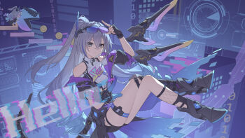 2girls absurdres adjusting_eyewear black_boots black_gloves black_shorts boots breasts chibi chinese_commentary coin commentary_request fingerless_gloves gloves goggles goggles_on_head gold_coin grey_eyes grey_hair highres holographic_monitor honkai:_star_rail honkai_(series) long_hair multiple_girls short_shorts shorts silver_wolf_(honkai:_star_rail) silver_wolf_(lv.999)_(honkai:_star_rail) small_breasts smile thighs very_long_hair wisteriafalls