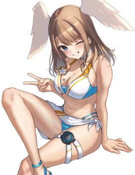 1girl bare_shoulders bikini blue_bikini blue_eyes blush breast_tattoo breasts brown_hair choker cleavage eunie_(xenoblade) flower hakusai_(hksicabb) head_wings highres large_breasts long_hair looking_at_viewer medium_hair navel official_alternate_costume one_eye_closed open_mouth sarong simple_background smile solo stomach swimsuit tattoo teeth v white_bikini white_choker white_sarong white_wings wings xenoblade_chronicles_(series) xenoblade_chronicles_3
