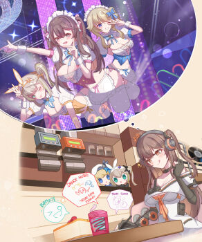 3girls :q ;p absurdres alternate_costume apron bearorca0093 black_choker black_gloves blue_bow bow bow_hairband breasts brown_hair character_doll chest_tattoo choker cleavage commentary doll english_commentary english_text girls'_frontline girls'_frontline_2:_exilium gloves grin hairband headphones heart heart_tattoo highres imagining k2_(girls'_frontline) long_hair maid_headdress multicolored_hair multiple_girls musical_note official_alternate_costume one_eye_closed one_side_up partially_fingerless_gloves sharkry_(girls'_frontline_2) smile sparkle streaked_hair tattoo tongue tongue_out v v_over_eye vepley_(girls'_frontline_2) vinyl_record waist_apron writing yoohee_(girls'_frontline_2) yoohee_(miracle_sweetheart)_(girls'_frontline_2)