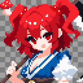 1girl breasts checkered_background cleavage grey_background hair_bobbles hair_ornament hashtag-only_commentary highres holding holding_scythe looking_at_viewer mushroom obi onozuka_komachi open_mouth pixel_art red_eyes sash scythe simple_background solo takeez3 touhou two_side_up upper_body