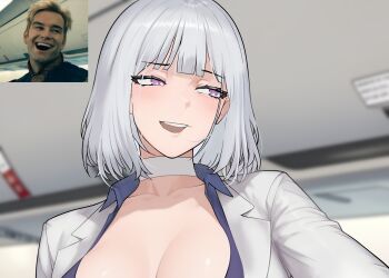 1girl bob_cut choker collarbone commentary facing_viewer gd146 girls'_frontline highres homelander indoors jacket looking_to_the_side medium_hair official_alternate_costume open_mouth purple_eyes purple_shirt rpk-16_(girls'_frontline) rpk-16_(renate)_(girls'_frontline) screenshot_inset shirt solo teeth the_boys upper_teeth_only white_choker white_hair white_jacket