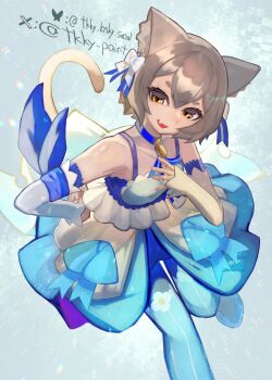 1boy animal_ear_fluff animal_ears arm_scarf bell black_pantyhose blue_collar blue_dress blue_scarf blue_thighhighs bluesky_username bow brown_hair cat_boy cat_ears cat_tail collar collarbone crossdressing crossdressing_(mtf) detached_sleeves dress felix_argyle floral_print_thighhighs frilled_dress frilled_sleeves frills hair_between_eyes hair_bow highres male_focus multiple_hair_bows neck_bell pantyhose re:zero_kara_hajimeru_isekai_seikatsu scarf short_dress short_hair solo striped_clothes striped_thighhighs tail thighhighs tk_ky trap twitter_username two-tone_dress two-tone_thighhighs white_background white_bow white_dress white_sleeves white_thighhighs yellow_eyes
