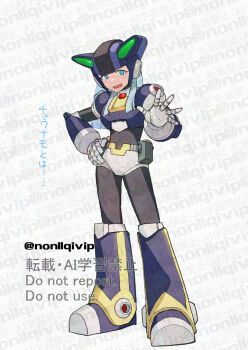 1boy aged_down armor black_armor black_helmet blue_eyes blue_hair dynamo_(mega_man) full_body helmet male_focus mega_man_(series) mega_man_x_(series) simple_background solo watermark white_background yamanashi_taiki