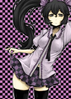 1girl black_eyes black_hair black_thighhighs breasts checkered_clothes checkered_skirt female_focus hat hata-tan_(rui_(hershe)) himekaidou_hatate long_hair ofuro_mantarou skirt solo thighhighs tokin_hat touhou twintails