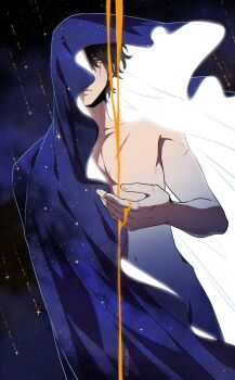 Rule 34 | 1boy, black hair, cloak, cowboy shot, falling sand, ginsan, highres, hood, hood up, hooded cloak, looking at viewer, male focus, meteor shower, multiple scars, no pants, no shirt, omniscient reader's viewpoint, one eye covered, sand, scar, scar across eye, scar on arm, scar on chest, scar on face, scar on hand, secretive plotter, short hair, solo, starry sky print, yellow eyes, yoo joonghyuk