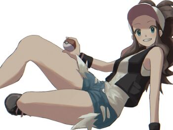 1girl artist_request bare_arms bare_legs black_vest blue_eyes blue_shorts breasts brown_hair exposed_pocket eyelashes hat high_ponytail hilda_(pokemon) holding holding_poke_ball knees long_hair looking_at_viewer nintendo open_clothes open_vest poke_ball poke_ball_(basic) pokemon pokemon_bw ponytail shirt shorts sidelocks sitting sleeveless sleeveless_shirt solo vest white_background wide_hips wristband