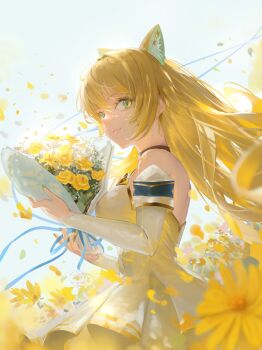 Rule 34 | 1girl, absurdres, aisha (polygon project), animal ears, bare shoulders, blonde hair, cat ears, closed mouth, dress, flower, green eyes, green nails, highres, long hair, polygon project, sleeveless, sleeveless dress, solo, teeeemtim, virtual youtuber, white dress, white sleeves