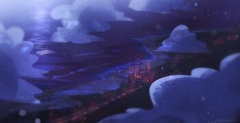 above_clouds artist_name beach city_lights cloud cloudy_sky from_above landscape moonlight no_humans ocean original outdoors painterly reflection reflective_liquid road scenery shore signature sky surf town zandra