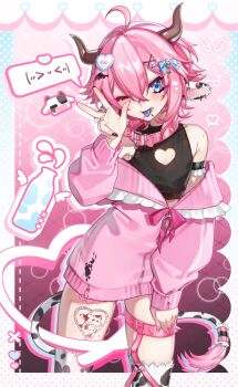 1boy absurdres ahoge armpit_crease bare_shoulders blue_eyes blue_tongue bottle collar colored_tongue commentary cow_boy cow_horns cow_tail cowboy_shot crop_top crossed_bangs double-parted_bangs english_commentary hair_between_eyes hair_ornament hand_up heart heart_hair_ornament heart_tattoo highres horns indie_virtual_youtuber jacket jacket_partially_removed leg_tattoo long_sleeves looking_at_viewer male_focus milk milk_bottle moomoomaru_(vtuber) one_eye_closed open_mouth partially_unzipped piercing pink_background pink_collar pink_hair pink_jacket second-party_source short_hair smile solo tail tattoo thighs tongue tongue_out tongue_piercing trap vein_(hkel64) virtual_youtuber w x_hair_ornament