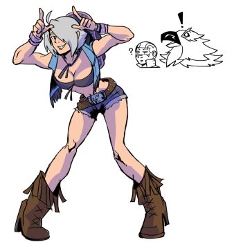 1girl angel_(kof) bikini bikini_under_clothes blue_eyes blue_shorts boots bra breasts cleavage cowboy_boots cowboy_hat cutoffs denim denim_shorts electrictiger12 fatal_fury fatal_fury:_city_of_the_wolves hair_over_one_eye hat horns_pose in-franchise_crossover index_fingers_raised large_breasts looking_at_viewer micro_shorts midriff navel short_hair short_shorts shorts smile snk strapless strapless_bra swimsuit the_king_of_fighters tizoc_(snk) toned toned_female torn_clothes torn_shorts underwear vox_reaper white_hair