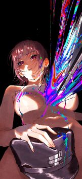 1girl abstract absurdres black_background bleeding blood blood_in_hair blood_on_body blood_on_face breasts chainsaw_man convenient_censoring earrings erupusai2 facial_mark fami_(chainsaw_man) from_below highres injury jewelry large_breasts liquid looking_at_viewer lying mole mole_under_eye mole_under_mouth multiple_moles pink_eyes pink_hair rainbow_blood ringed_eyes short_hair simple_background solo tassel tassel_earrings