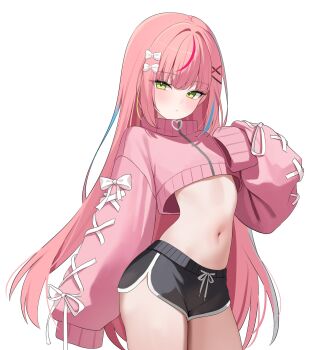 1girl black_shorts bow cowboy_shot crop_top crop_top_overhang cropped_sweater dolphin_shorts drawstring green_eyes hair_bow hair_ornament hanako_nana hand_up highres long_hair long_sleeves looking_at_viewer midriff multicolored_hair nannung navel pink_hair pink_sweater puffy_long_sleeves puffy_sleeves ribbon short_shorts shorts simple_background sleeves_past_fingers sleeves_past_wrists solo stellive stomach streaked_hair sweater thighs very_long_hair virtual_youtuber white_background white_ribbon x_hair_ornament zipper