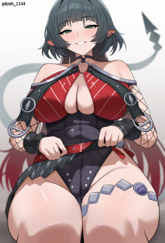 1girl absurdres animal_ears belt black_choker black_hair black_one-piece_swimsuit breasts choker cleavage commentary dush_1154 english_commentary fishnet_sleeves fishnets green_eyes highres jane_doe_(nocturne_of_light)_(zenless_zone_zero) jane_doe_(zenless_zone_zero) large_breasts looking_at_viewer mouse_ears mouse_girl mouse_tail one-piece_swimsuit parted_lips red_belt red_one-piece_swimsuit sitting solo swimsuit tail thick_thighs thighs wide_hips zenless_zone_zero