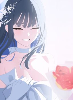 1girl absurdres black_hair blue_archive blue_hair blue_nns09 blurry blurry_foreground bouquet breasts choker cleavage closed_eyes collarbone colored_inner_hair commentary_request dress earrings facing_viewer flower gloves hair_ornament highres jewelry large_breasts long_hair multicolored_hair official_alternate_costume saori_(blue_archive) saori_(dress)_(blue_archive) smile solo strapless strapless_dress white_background white_choker white_dress white_gloves