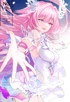 1girl bare_shoulders breasts commentary_request cyrene_(honkai:_star_rail) cyrene_(ripples_of_past_reverie)_(honkai:_star_rail) diamond-shaped_pupils diamond_(shape) dress flower hair_flower hair_ornament halo highres honkai:_star_rail honkai_(series) large_breasts long_hair looking_at_viewer manyako_(mohumohu) pink_hair pointy_ears purple_eyes reaching reaching_towards_viewer smile solo symbol-shaped_pupils very_long_hair white_dress