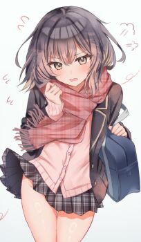 1girl bag black_hair black_jacket black_skirt blazer blush clothes_lift commentary_request cowboy_shot hand_up highres jacket looking_at_viewer miniskirt natukisigure no_panties open_clothes open_jacket open_mouth original parted_bangs pink_eyes pink_scarf plaid_clothes plaid_scarf plaid_skirt pleated_skirt scarf school_bag simple_background skirt skirt_lift solo standing white_background wind wind_lift