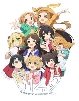 Rule 34 | 6+girls, akagi miria, aqua hoodie, brown eyes, dress, green eyes, highres, hood, hoodie, ichihara nina, idolmaster, idolmaster cinderella girls, idolmaster cinderella girls u149, jacket, kesunr0s2, koga koharu, long hair, looking at viewer, matoba risa, multiple girls, one eye closed, open mouth, ryuzaki kaoru, sakurai momoka, sasaki chie, short hair, smile, tachibana arisu, twintails, yellow eyes, yuuki haru