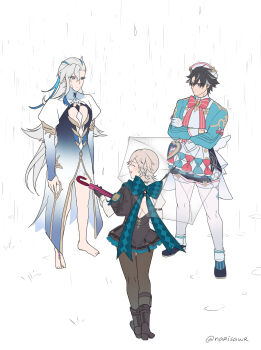 3boys absurdres arms_at_sides barefoot black_hair boots bow braid closed_eyes closed_mouth closed_umbrella commentary cosplay crossed_arms dress english_commentary facing_away focalors_(genshin_impact) focalors_(genshin_impact)_(cosplay) full_body genshin_impact gloves grey_hair hat highres holding holding_umbrella legs_apart leotard long_sleeves looking_at_another lynette_(genshin_impact) lynette_(genshin_impact)_(cosplay) lyney_(genshin_impact) male_focus multicolored_hair multiple_boys narisawr neuvillette_(genshin_impact) nurse_cap pantyhose parted_lips sad shoes short_hair shorts sigewinne_(genshin_impact) sigewinne_(genshin_impact)_(cosplay) smile standing transparent transparent_umbrella two-tone_hair umbrella water water_drop wriothesley_(genshin_impact)