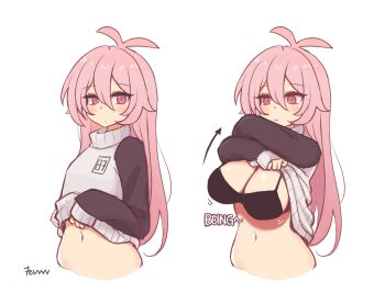 7evvw bad_tag black_bra bouncing_breasts bra breasts clothes_lift compressed_breasts female indie_virtual_youtuber large_breasts lifting_own_clothes medium_breasts mumble_(shachimu) navel pink_eyes pink_hair solo underwear undressing virtual_youtuber