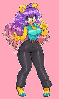 1girl absurdres breasts curvy double_v ear_piercing female_focus full_body furry furry_female green_eyes high_heels highres jamoart large_breasts long_hair mina_mongoose piercing purple_hair secretary simple_background solo sonic_(series) thick_thighs thighs v wide_hips