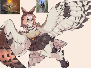 1girl a.c._hunter absurdres bird_legs bird_tail black-framed_eyewear black_skirt book bright_pupils brown_feathers brown_hair brown_wings commentary english_commentary feathered_wings feathers glasses harpy high-waist_skirt highres monster_girl multicolored_hair open_mouth orange_eyes original owl_girl personification reference_inset short_hair skirt sleeveless sleeveless_turtleneck solo tail talons turtleneck white_pupils winged_arms wings