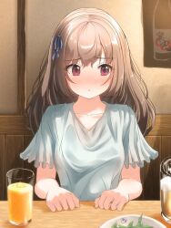 Rule 34 | 1girl, blush, brown hair, drink, female focus, glass, indoors, long hair, looking to the side, original, sitting, solo, table, tachiinu
