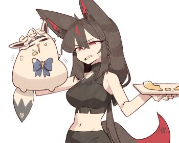 ahoge anger_vein animal_ear_fluff animal_ears black_vs_white blue_bow blue_bowtie bow bowtie braid breasts cocomayo29_(tomato) crumbs dark_persona fingernails fox_ears fox_girl fox_tail hashtag-only_commentary highres holding holding_tray hololive kurokami_fubuki large_breasts long_hair low-tied_long_hair mascot miteiru_(shirakami_fubuki) multicolored_tail navel pentagram red_eyes red_streaks shirakami_fubuki side_braid simple_background single_braid sleeveless sleeveless_turtleneck tail teeth tray turtleneck upper_body virtual_youtuber white_background