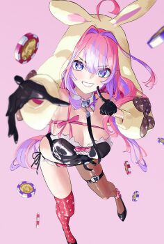 +_+ 1girl absurdres ankle_bow ankle_ribbon belt black_gloves black_leotard black_shoes blue_eyes blush bow breasts brown_pantyhose cleavage commentary detached_collar fueppu gloves grin highres hololive hololive_dev_is kikirara_vivi large_breasts leotard long_hair looking_at_viewer multicolored_hair pantyhose pink_background pink_bow pink_hair playboy_bunny poker_chip purple_hair red_thighhighs ribbon shoes single_leg_pantyhose smile solo sparkle_print thigh_belt thigh_strap thighhighs thighs twintails two-tone_hair virtual_youtuber yellow_hood