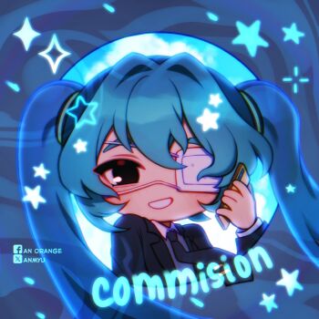 1girl :d \||/ aegyo_sal anmyu backlighting black_eyes black_jacket black_necktie blue_border blue_hair blue_sky blue_theme border chibi chibi_only cloud commission day double-parted_bangs eyepatch facebook_logo facebook_username flat_chest grey_shirt grin hair_between_eyes hair_intakes hair_ornament hand_up hashtag-only_commentary hatsune_miku highres holding holding_phone jacket lapels layered_sleeves long_hair long_sleeves looking_at_viewer medical_eyepatch monitoring_(vocaloid) necktie no_nose one_eye_covered open_clothes open_jacket open_mouth outside_border phone round_border shirt simple_background sky smile solo sparkle star_(symbol) star_symbol_background twintails twitter_username twitter_x_logo upper_body vocaloid wind