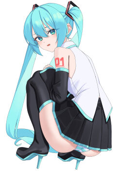 1girl absurdres amaama_(beccyonaika1) aqua_eyes aqua_hair black_skirt black_sleeves blush boots collar collared_shirt commentary_request detached_sleeves double-parted_bangs grey_shirt hair_between_eyes hatsune_miku high_heels highres long_hair looking_at_viewer number_tattoo open_mouth panties shirt simple_background skirt sleeveless sleeveless_shirt solo squatting striped_clothes striped_panties tattoo thigh_boots twintails underwear very_long_hair vocaloid white_background white_collar