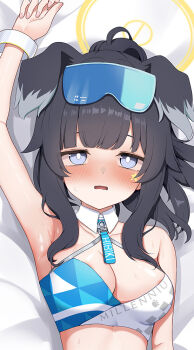1girl animal_ears aoto_mei arm_at_side arm_up armpits bare_shoulders black_hair blue-tinted_eyewear blue_archive blue_eyes blunt_bangs blush breasts bright_pupils character_name cleavage commentary_request dakimakura_(medium) detached_collar dog_ears dog_girl extra_ears fingernails floppy_ears goggles goggles_on_head halo hibiki_(blue_archive) hibiki_(cheer_squad)_(blue_archive) long_hair looking_at_viewer medium_breasts millennium_cheerleader_outfit_(blue_archive) name_tag official_alternate_costume official_alternate_hairstyle open_mouth paw_print ponytail second-party_source sidelocks solo sports_bra star_(symbol) star_sticker sticker sticker_on_face sweat tinted_eyewear upper_body wavy_mouth white_pupils white_wrist_cuffs wrist_cuffs yellow_halo