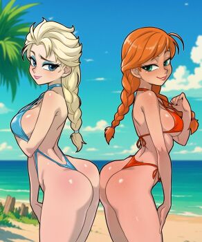 2girls anna_(frozen) ass ass-to-ass ass_press beach bikini blonde_hair blue_eyes breasts elsa_(frozen) freckles frozen_(disney) green_eyes highleg highleg_bikini highres long_hair medium_breasts multiple_girls orange_bikini orange_hair siblings sisters smile swimsuit ta-na_(tana351) thighs thong_bikini thong_one-piece_swimsuit