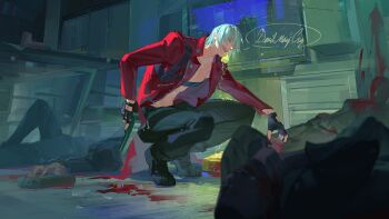1boy 3boys absurdres black_gloves blood blue_eyes coat commentary_request dante_(devil_may_cry) devil_may_cry_(series) faceless faceless_male fingerless_gloves gloves highres holding holding_weapon jacket looking_at_viewer lying male_focus multiple_boys on_back red_coat short_hair smile solo warsong_zhange weapon white_hair