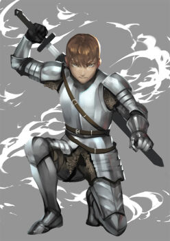 1boy armor armored_boots belt belt_buckle black_gloves boots brown_belt brown_eyes brown_hair buckle chainmail closed_mouth commentary cuirass full_body gauntlets gloves grey_background hair_between_eyes hashtag-only_commentary highres holding holding_behind_back holding_sword holding_sword_behind_back holding_weapon holding_weapon_behind_back knight looking_at_viewer lydialing_draws male_focus on_one_knee original realistic short_hair single_gauntlet solo straight-on sword weapon