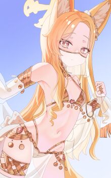 1girl absurdres animal_ear_fluff animal_ears arabian_clothes blonde_hair blue_archive cross_halo dancer ear_wreath extra_ears forehead fox_ears fox_girl gold_collar halo harem_outfit highres loli long_hair looking_at_viewer meow_kim0808 mouth_veil navel pelvic_curtain see-through_clothes see-through_pelvic_curtain see-through_sleeves see-through_veil seia_(blue_archive) seia_(harem)_(blue_archive) solo veil yellow_halo