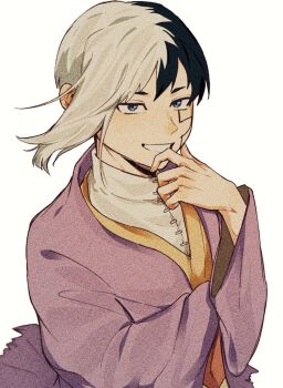 Rule 34 | 0a 9 (pixiv82791714), 1boy, asagiri gen, asymmetrical hair, black hair, blue eyes, coat, crossed arms, dr. stone, facial mark, grin, hand on own chin, hand on own face, hand up, jacket, japanese clothes, kimono, light smile, long sleeves, looking at viewer, male focus, multicolored hair, pink kimono, purple coat, purple jacket, shirt, short hair, simple background, smile, smirk, solo, split-color hair, turtleneck, turtleneck shirt, two-tone hair, upper body, white background, white hair, white shirt, wind